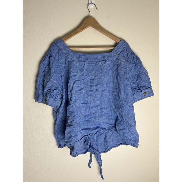 Talbots Blue Linen Top Short Puff Sleeve Tie Hem Blouse Women's Size Plus 2X - Picture 3 of 4